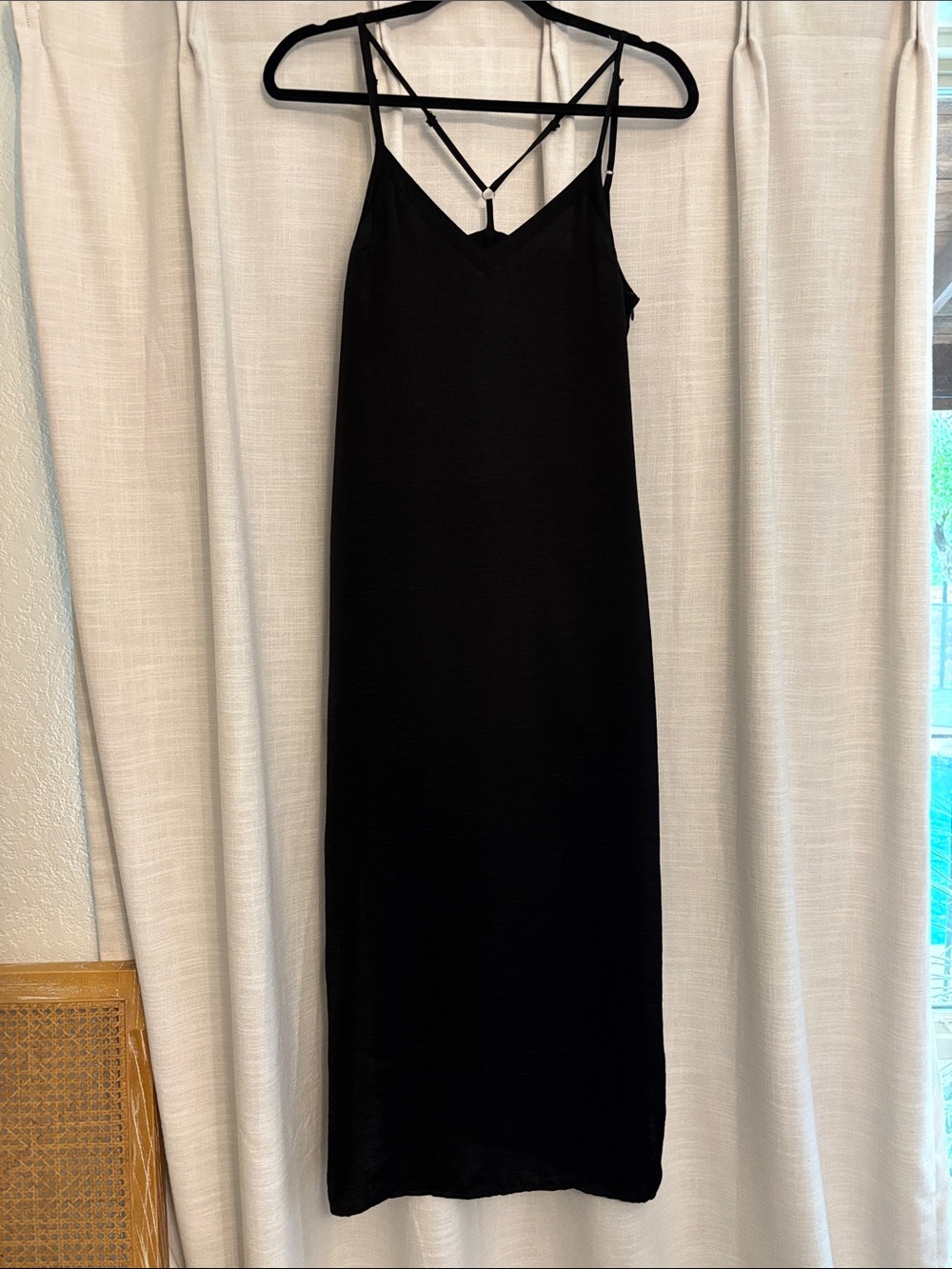 Lucca Classic Black Midi Slip Dress with Strappy Back, XS